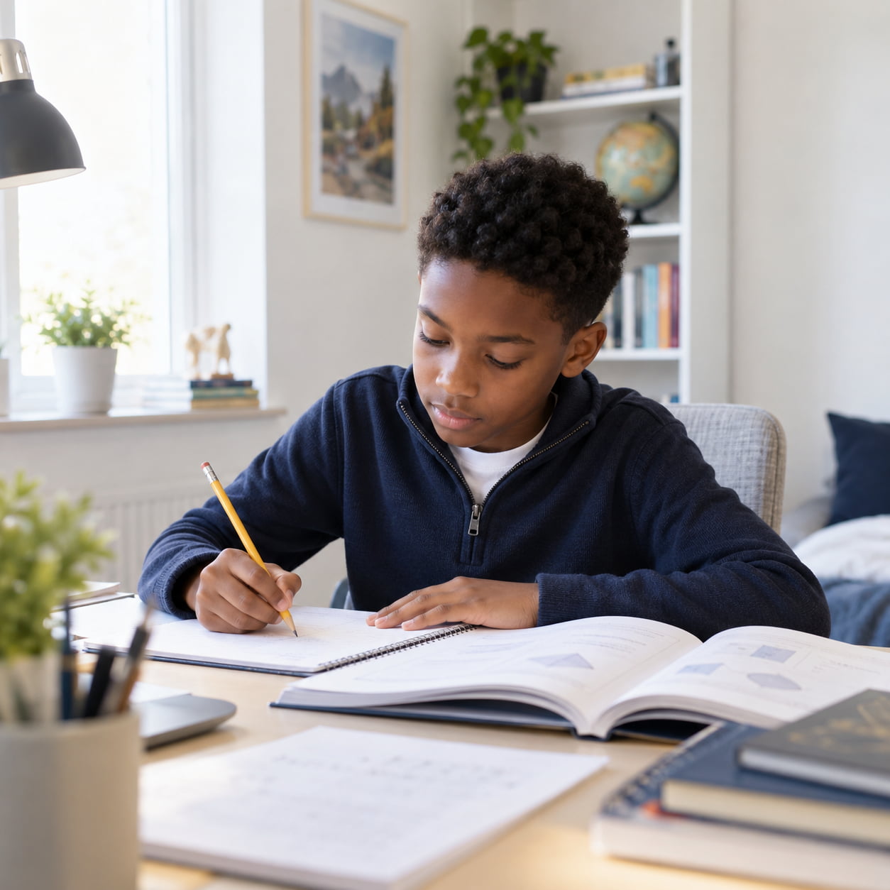 boy completing maths homework for tutor